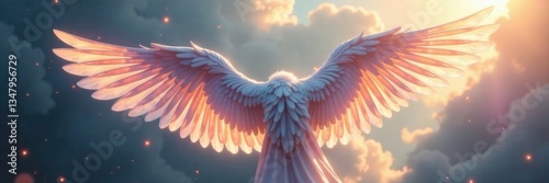 Iridescent angelic wings in mid-air with soft light, wingspan, soft light, wings