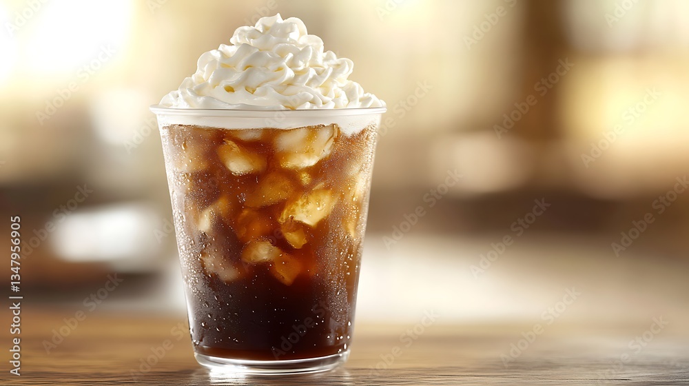 A Chilled Cup of Iced Coffee Topped With Whipped Cream, Positioned on the Right Side With a Soft Blurred Background for Aesthetic Branding Purposes. A Chilled Cup of Iced Coffee Topped With Whipped Cream, Positioned on the Right Side With a Soft Blurred Background for Aesthetic Branding Purposes.