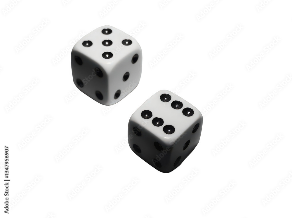 Two white dice showing six and five on a white background, perfect for board games and chance events, capturing the essence of fun and luck. Two white dice showing six and five on a white background, perfect for board games and chance events, capturing the essence of fun and luck.