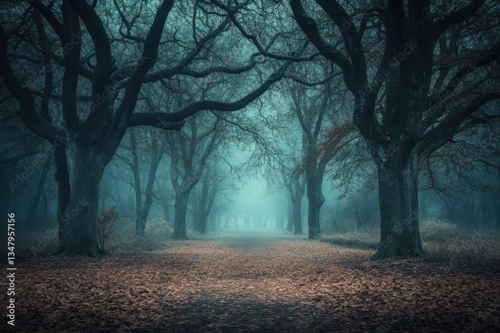 Fototapeta premium Misty Forest Pathway Surrounded by Tall Trees and Fallen Leaves