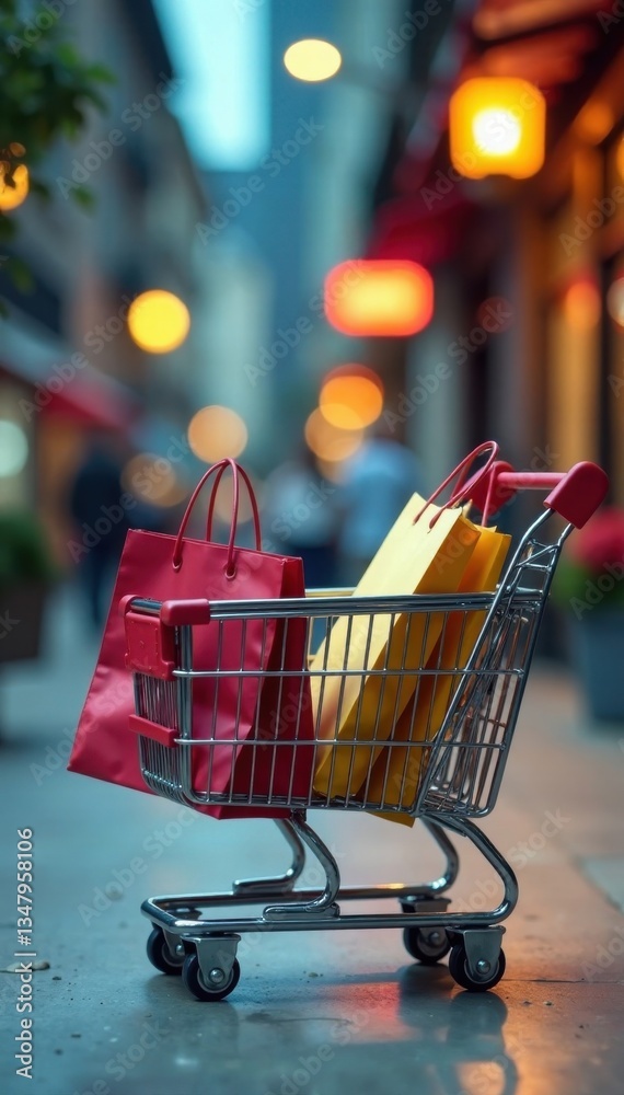 Laptop and shopping bag in cart with laptop on screen, product packaging, shop from home, online shopping Laptop and shopping bag in cart with laptop on screen, product packaging, shop from home, online shopping