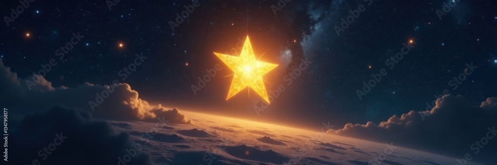 Obraz premium Golden star hanging low in the darkness of a vast space, astronomical, cosmic object, luminescent