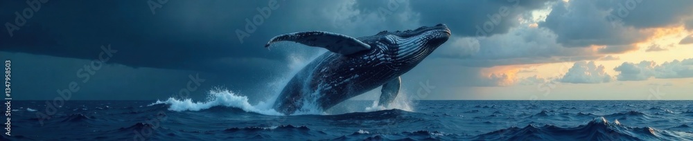 Fototapeta premium Large whale breaching against a dark sky with massive waves and ocean, ocean, silhouette, giant