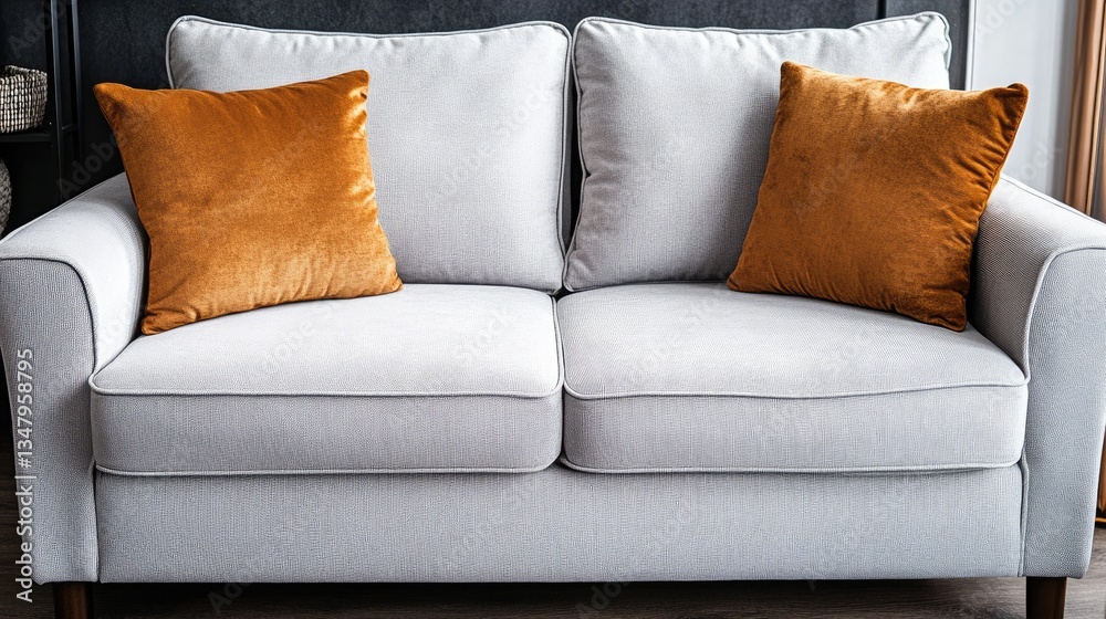 Obraz premium A beautiful and functional living space with a light grey minimalist sofa and a soft brown cushion