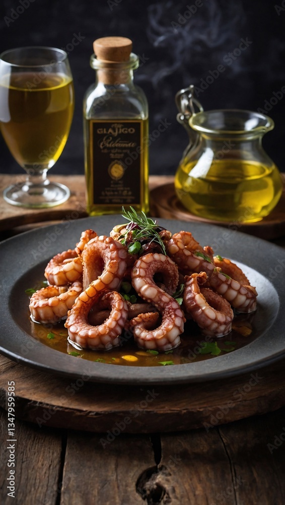 Gourmet pulpo a la gallega with rustic presentation and olive oil garnish Gourmet pulpo a la gallega with rustic presentation and olive oil garnish