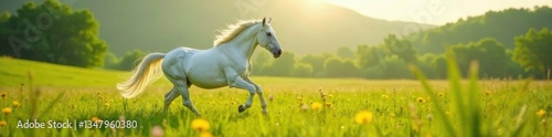 Majestic white stallion prancing in a lush meadow, white unicorn, horse, green grass