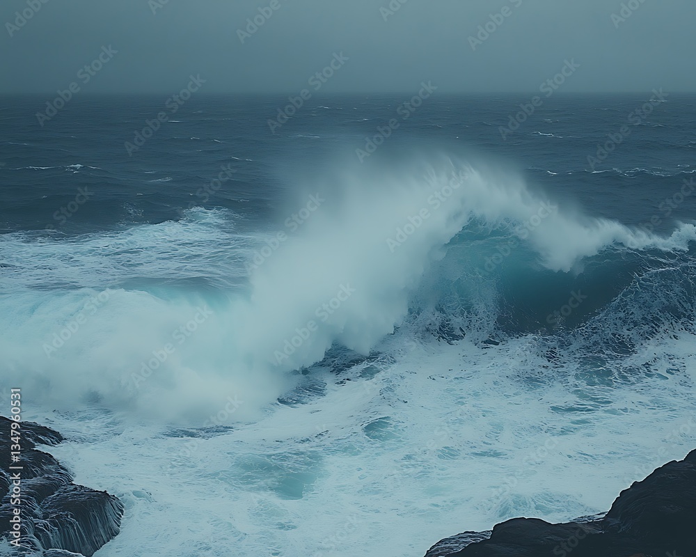Fototapeta premium Ocean wave crashing on rocks with stormy weather