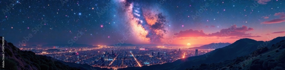 Fototapeta premium Milky Way and Shining Stars Over City, cityscape, atmosphere, stars