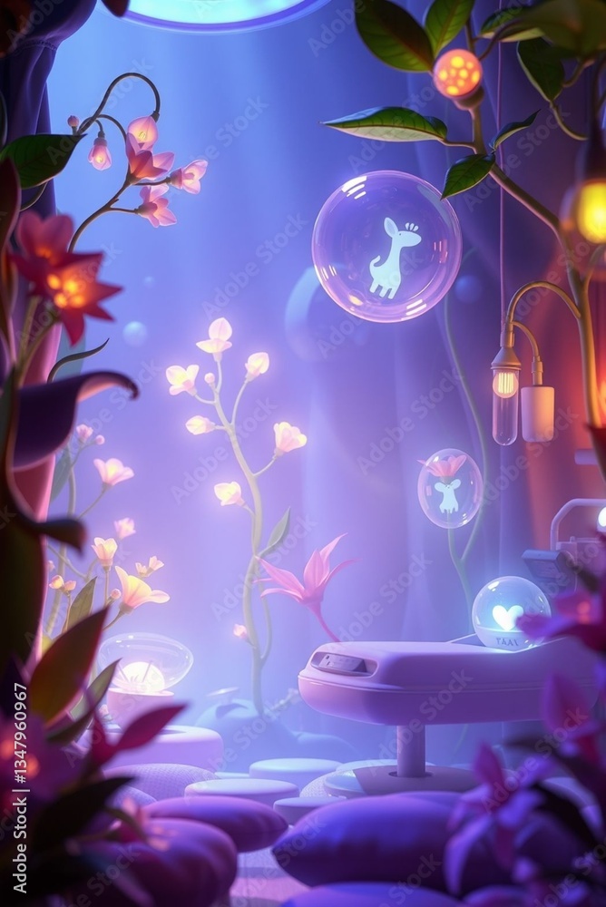 Magical Rendered Space with Flowers and Lights Magical Rendered Space with Flowers and Lights