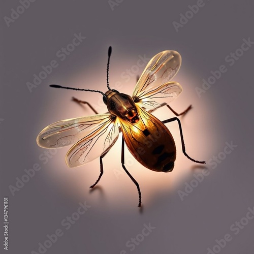 Bee close-up illuminated against a soft background showcasing intricate details of its wings and body