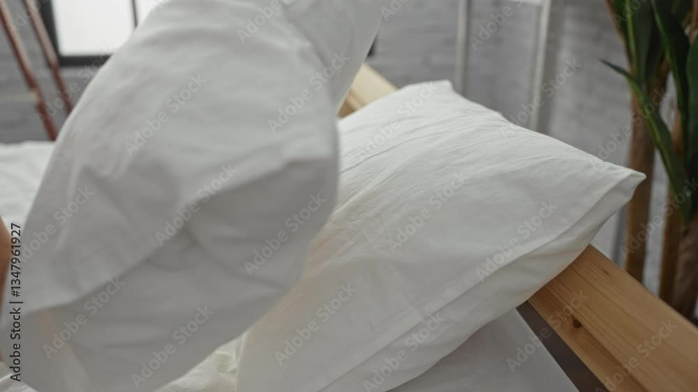 Middle aged caucasian man peacefully sleeping on soft pillows in a cozy bedroom, showcasing comfort and tranquility in a serene indoor home setting. Middle aged caucasian man peacefully sleeping on soft pillows in a cozy bedroom, showcasing comfort and tranquility in a serene indoor home setting.