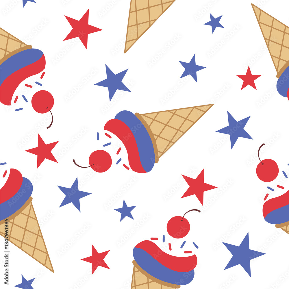 Pattern patriotic ice cream cone with red and blue swirls topped with cherry seamless.