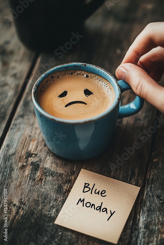 A Blue Mug with a Sad Face on the Coffee and a Note Saying Blue Monday photo