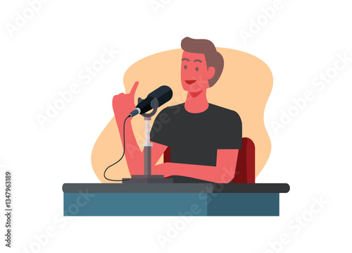 A male figure interviewed on a podcast. Simple flat illustration.