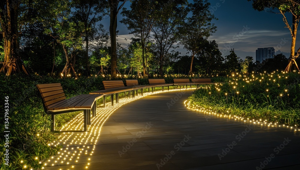 Obraz premium Night Illumination: Serene Park Pathway with Luminous Benches
