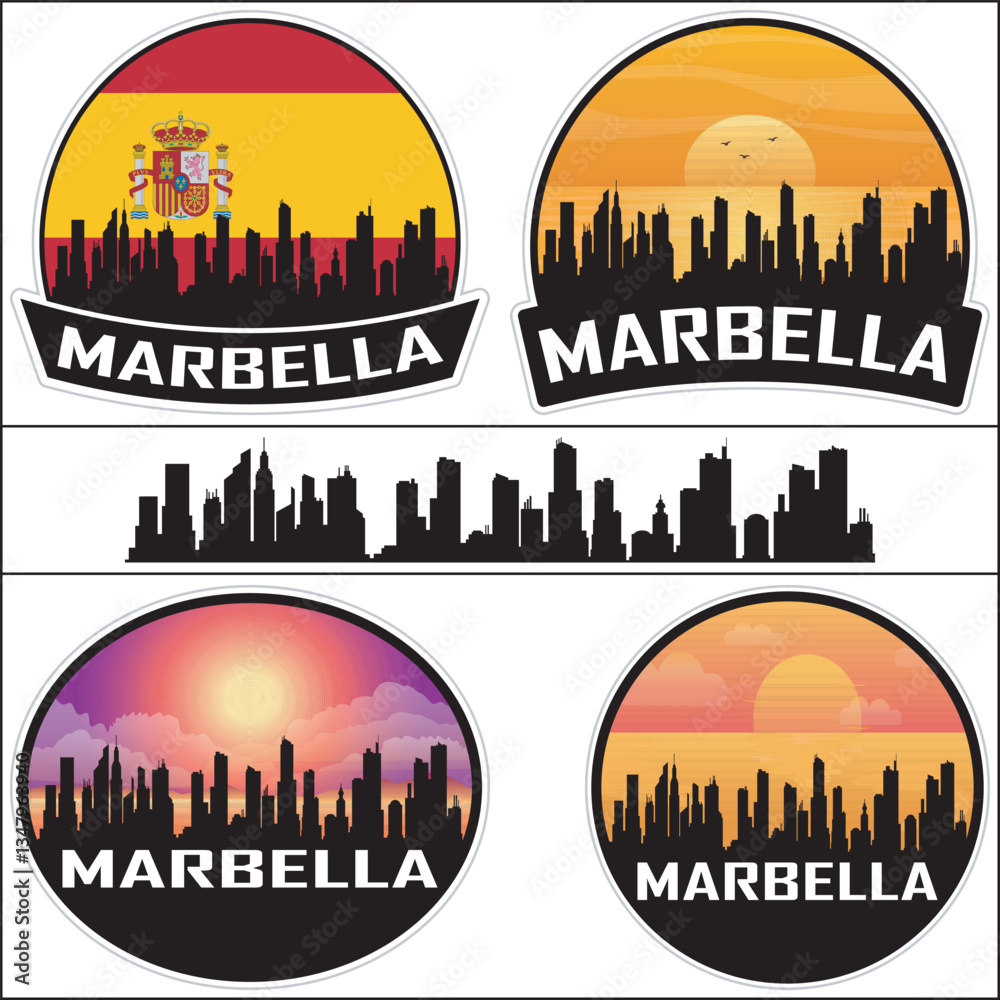 Obraz premium Marbella Spain Flag Skyline Cityscape Silhouette Travel Souvenir Sticker Isolated Vector