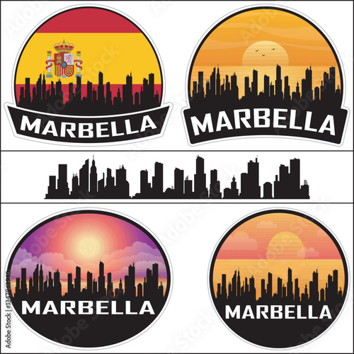 Marbella Spain Flag Skyline Cityscape Silhouette Travel Souvenir Sticker Isolated Vector