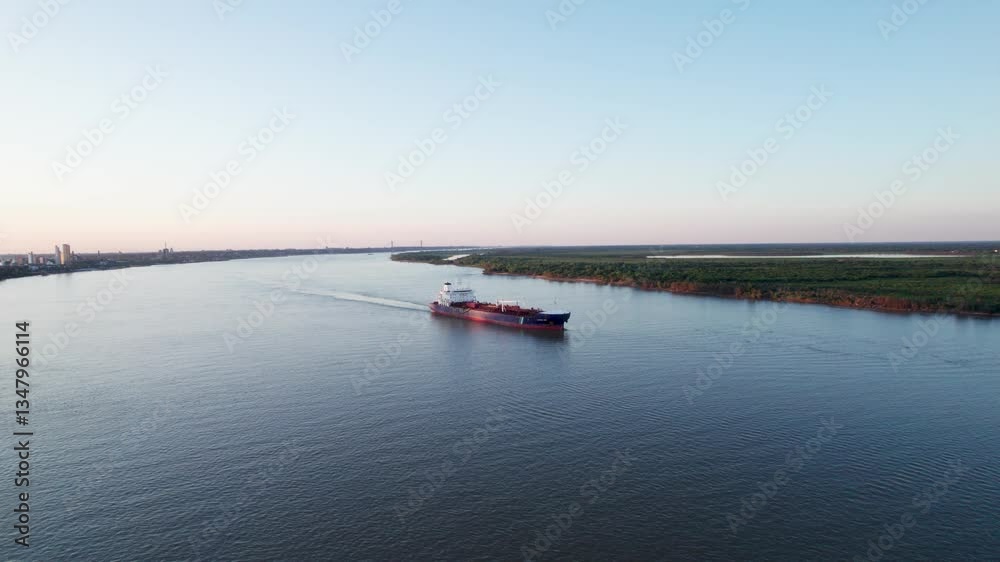Barco mercante pasando por el río Paraná en Rosario durante un atardecer. Comercio, importación, exportación Barco mercante pasando por el río Paraná en Rosario durante un atardecer. Comercio, importación, exportación
