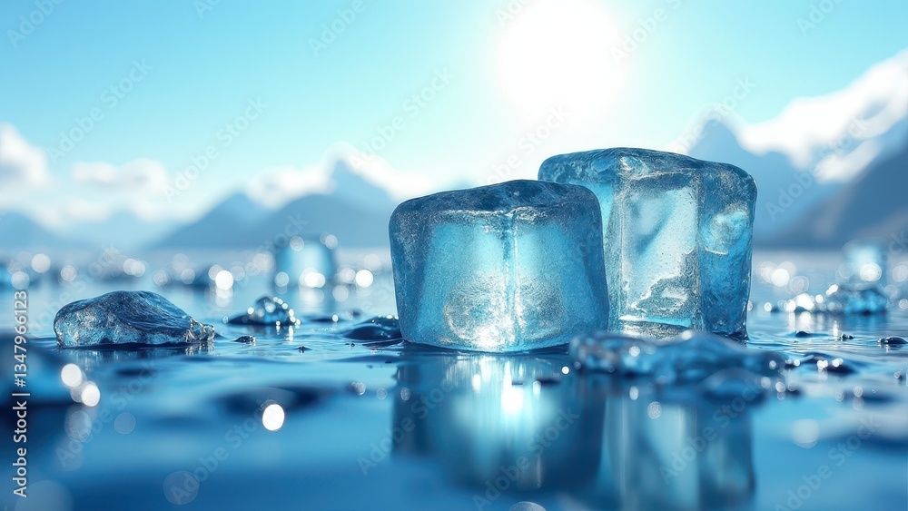 Fresh ice cubes melting on reflective icy surface with mountains behind Fresh ice cubes melting on reflective icy surface with mountains behind