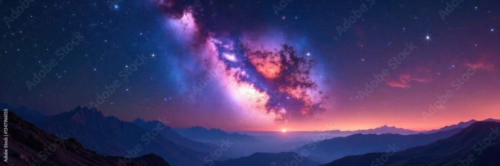 Fototapeta premium Milky Way galaxy in stunning panoramic view with vibrant starlight and interstellar gas, astronomical, astrophotography, stars