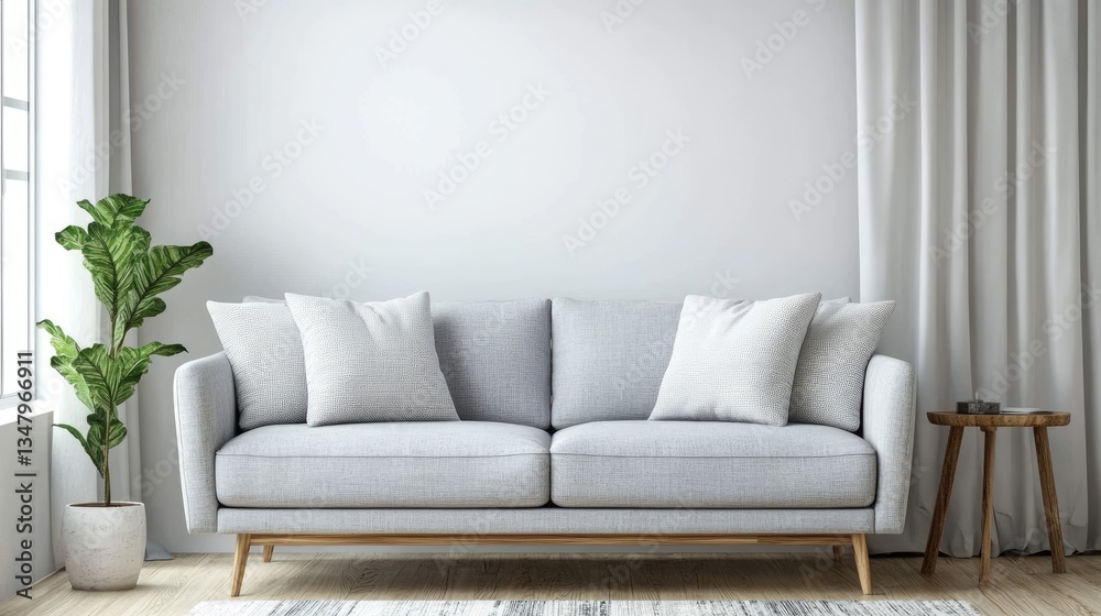 Fototapeta premium A modern and stylish home decor featuring a simple grey -seater sofa with a soft, inviting feel