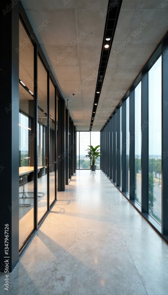 Minimalist office space with sleek glass walls and polished concrete floor, neutral color palette, modern building architecture