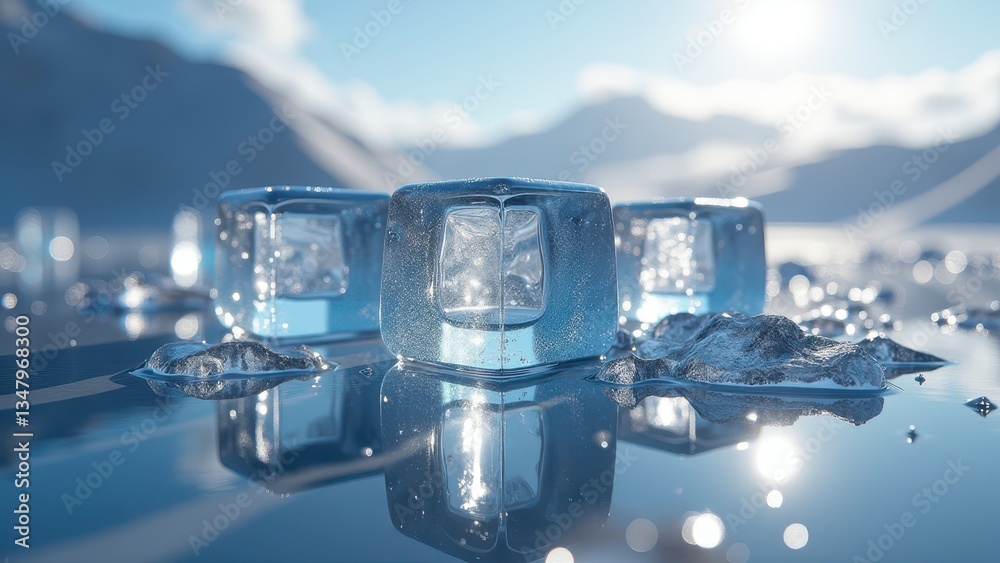 Fresh ice cubes melting on reflective icy surface in snowy mountains Fresh ice cubes melting on reflective icy surface in snowy mountains