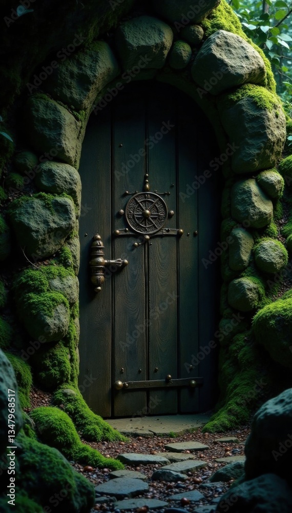 Fototapeta premium Moss-covered ancient wooden door in a dark cave with mysterious symbols, ancient, wooden door