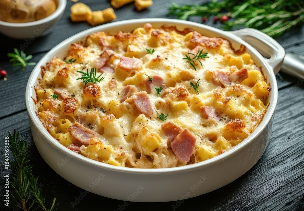Delicious creamy baked pasta with ham and cheese topping served in a white dish on a rustic wooden table garnished with herbs and spices