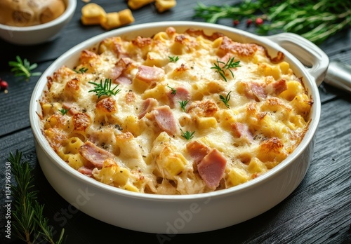 Obraz na płótnie Delicious creamy baked pasta with ham and cheese topping served in a white dish on a rustic wooden table garnished with herbs and spices w salonie
