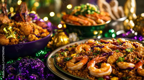colorful mardi gras feast with shrimp and jambalaya