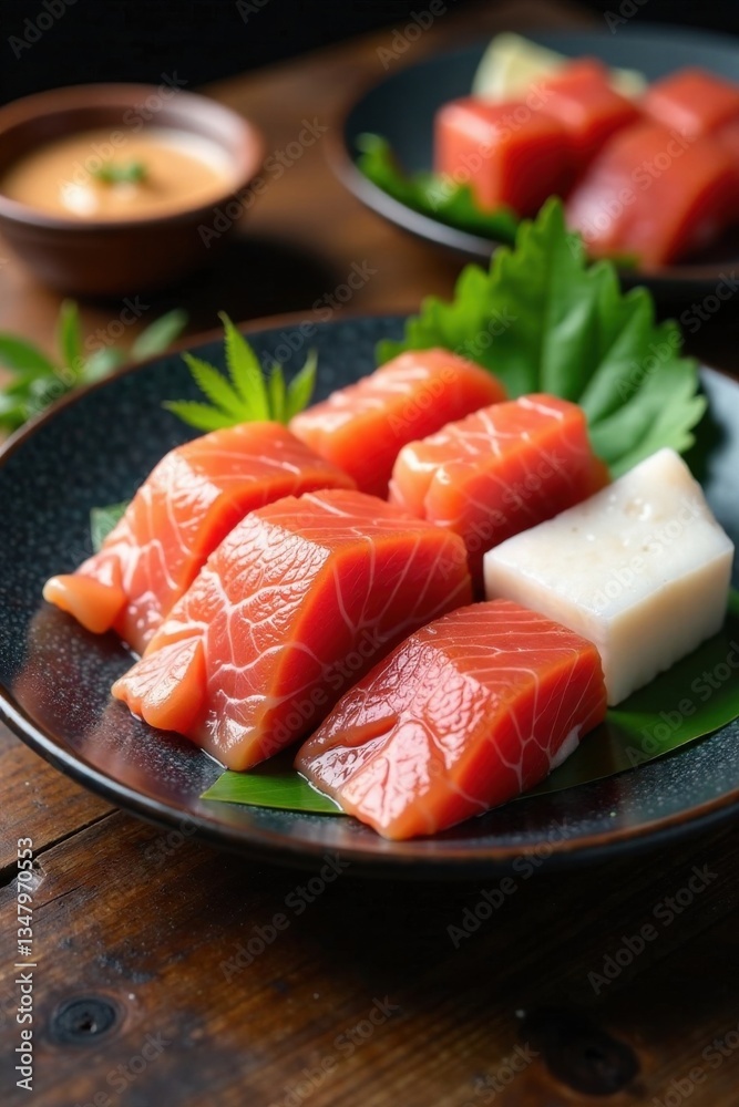Plate of assorted raw fish and seafood on a wooden table, seafood platter, fish platter with sauce, fish and shellfish selection Plate of assorted raw fish and seafood on a wooden table, seafood platter, fish platter with sauce, fish and shellfish selection
