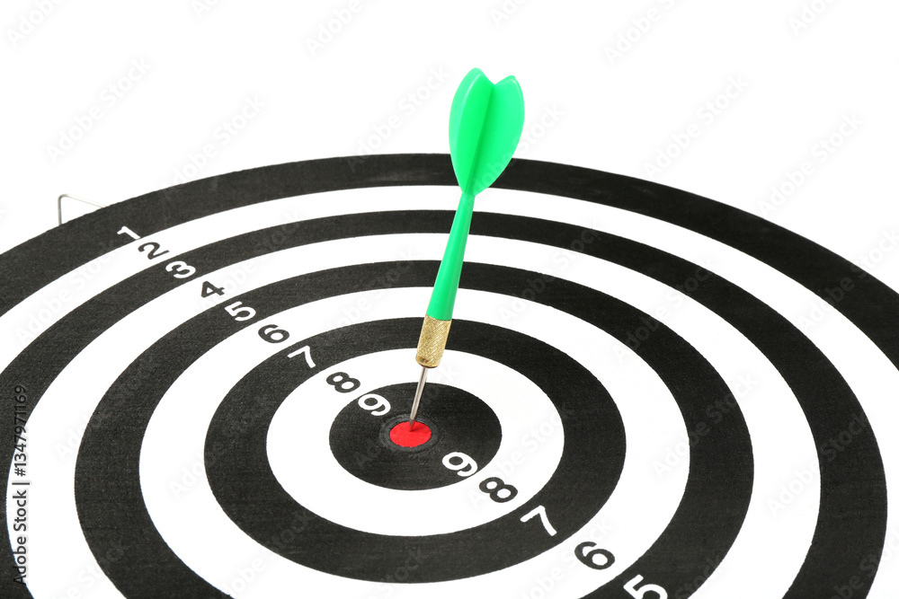 Dart board with green arrow hitting target isolated on white Dart board with green arrow hitting target isolated on white
