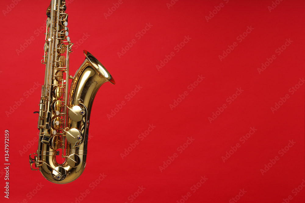 Fototapeta premium Jazz. One beautiful saxophone on red background, space for text