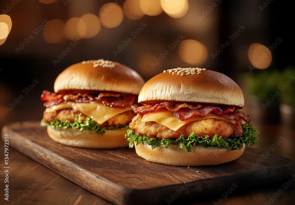 Delicious gourmet chicken burger with crispy bacon, melted cheese, fresh lettuce, and sesame seed bun served on a wooden board in soft lighting
