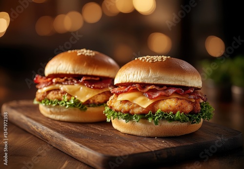 Obraz na płótnie Delicious gourmet chicken burger with crispy bacon, melted cheese, fresh lettuce, and sesame seed bun served on a wooden board in soft lighting w salonie