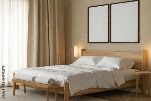 A modern minimalist bedroom with wooden bed and decor items