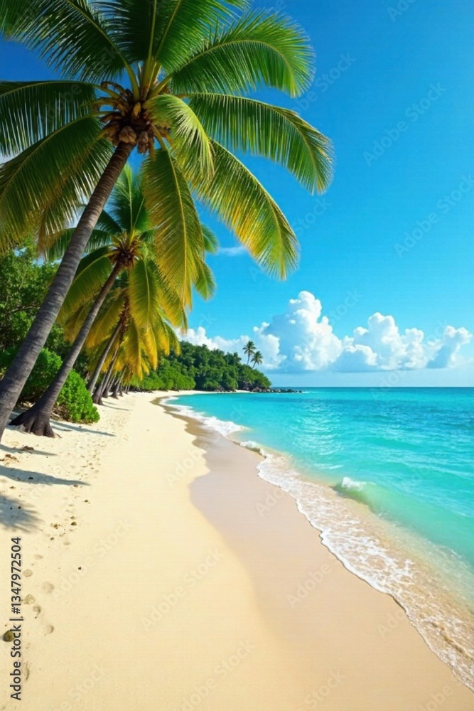 Obraz premium Palm tree-lined beach with warm sandy shore and turquoise ocean , sunset, sea, turquoise