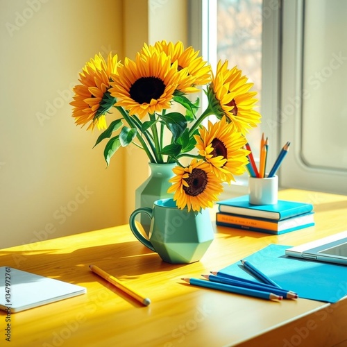 Sunflowers in a Bright Office