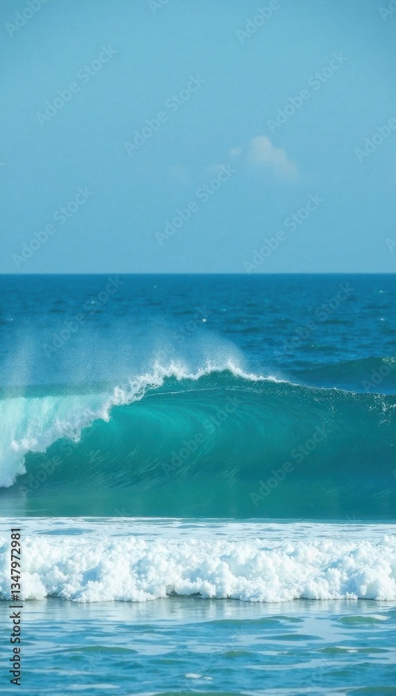 Naklejka premium Rolling waves in the open ocean with a hint of blue turquoise color and white foam on the surface, wave pattern, white foam, blue turquoise