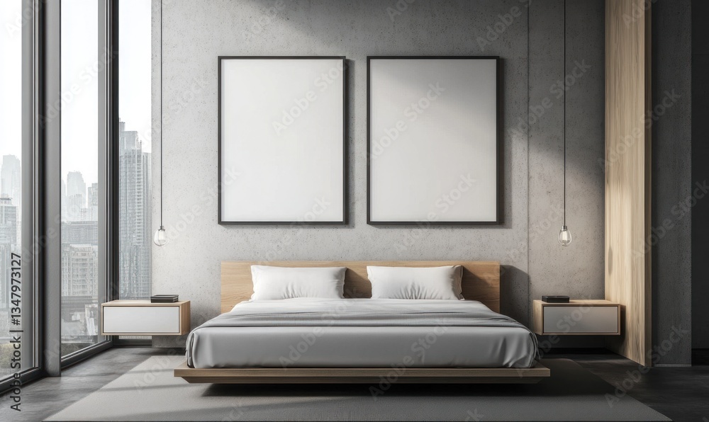 Fototapeta premium Modern bedroom interior with bed and blank frames on the wall