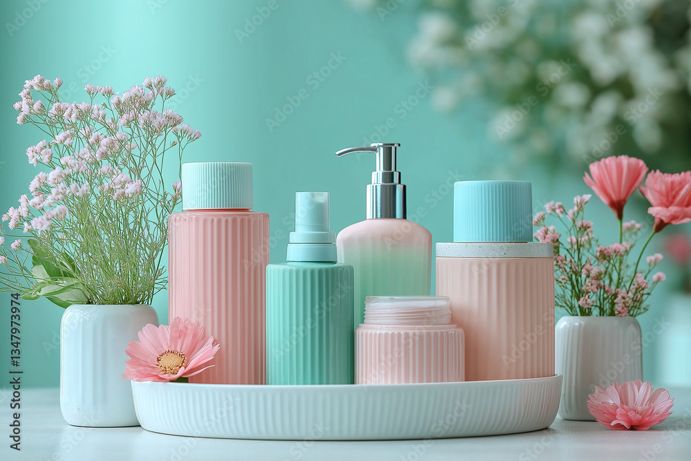 Skincare Display: Open Box with Pink & Blue Bottles on White Cabinet – Face & Body Care Essentials Skincare Display: Open Box with Pink & Blue Bottles on White Cabinet – Face & Body Care Essentials