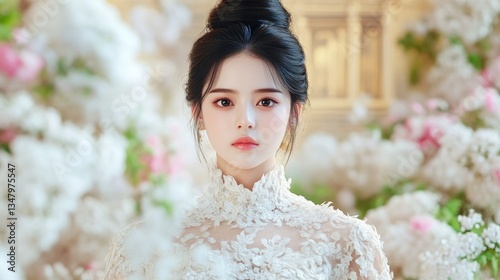 Elegant woman in a delicate lace gown, surrounded by flowers