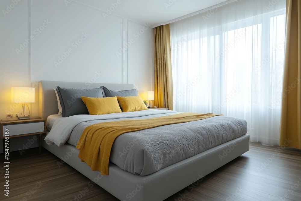 A modern bedroom features a large bed and window A modern bedroom features a large bed and window