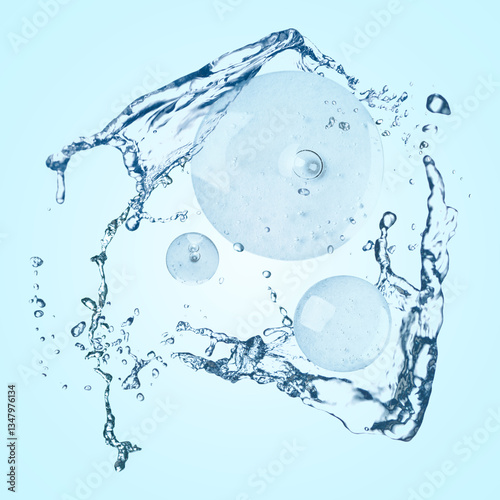 Drops of cosmetic serum and splashing water on light blue background