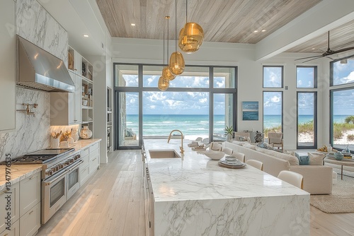 
Coastal style kitchen island with white marble and gold accents, overlooking an oceanfront living room with beach views and modern furniture.