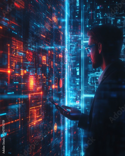 Corporate data defense, Protection Ethical Leaktarter network security, strengthening Protection Ethical Leaktarter firewall defense, Man interacting with digital data interface.