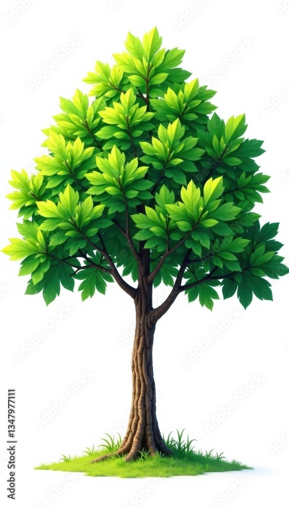 Fototapeta premium Single majestic tree with lush green leaves against a crisp white background, tree, evergreen, trunk
