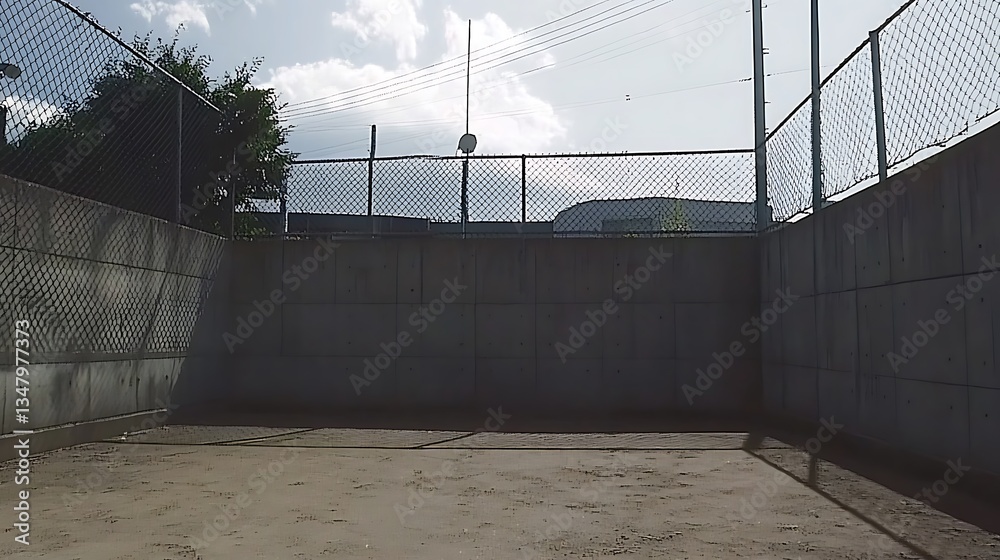 Fototapeta premium A concrete walled area with fence and a sandy ground