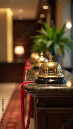 Service bell with red rope at hotel reception desk, welcome, hotel sign
